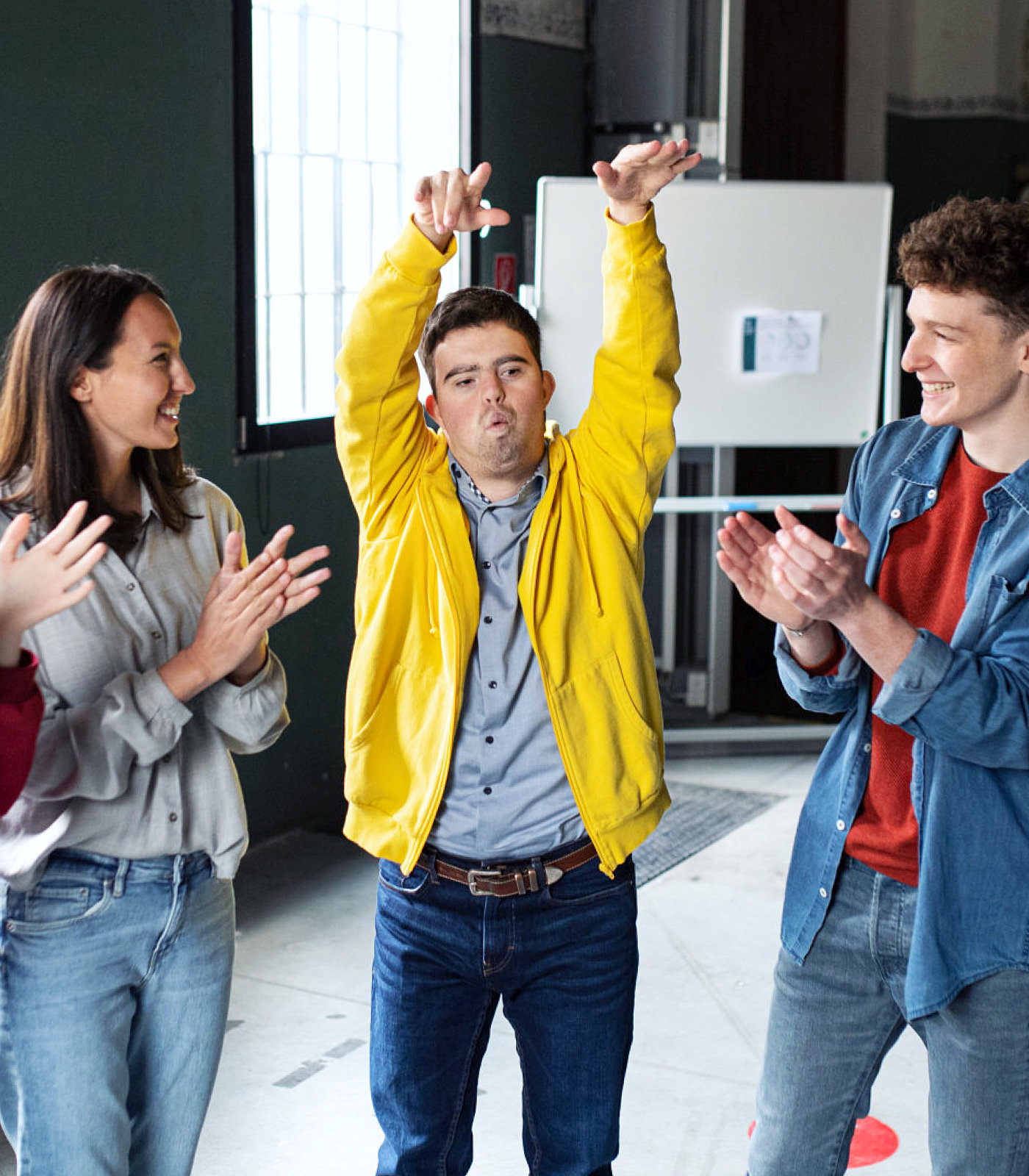 group of people cheering